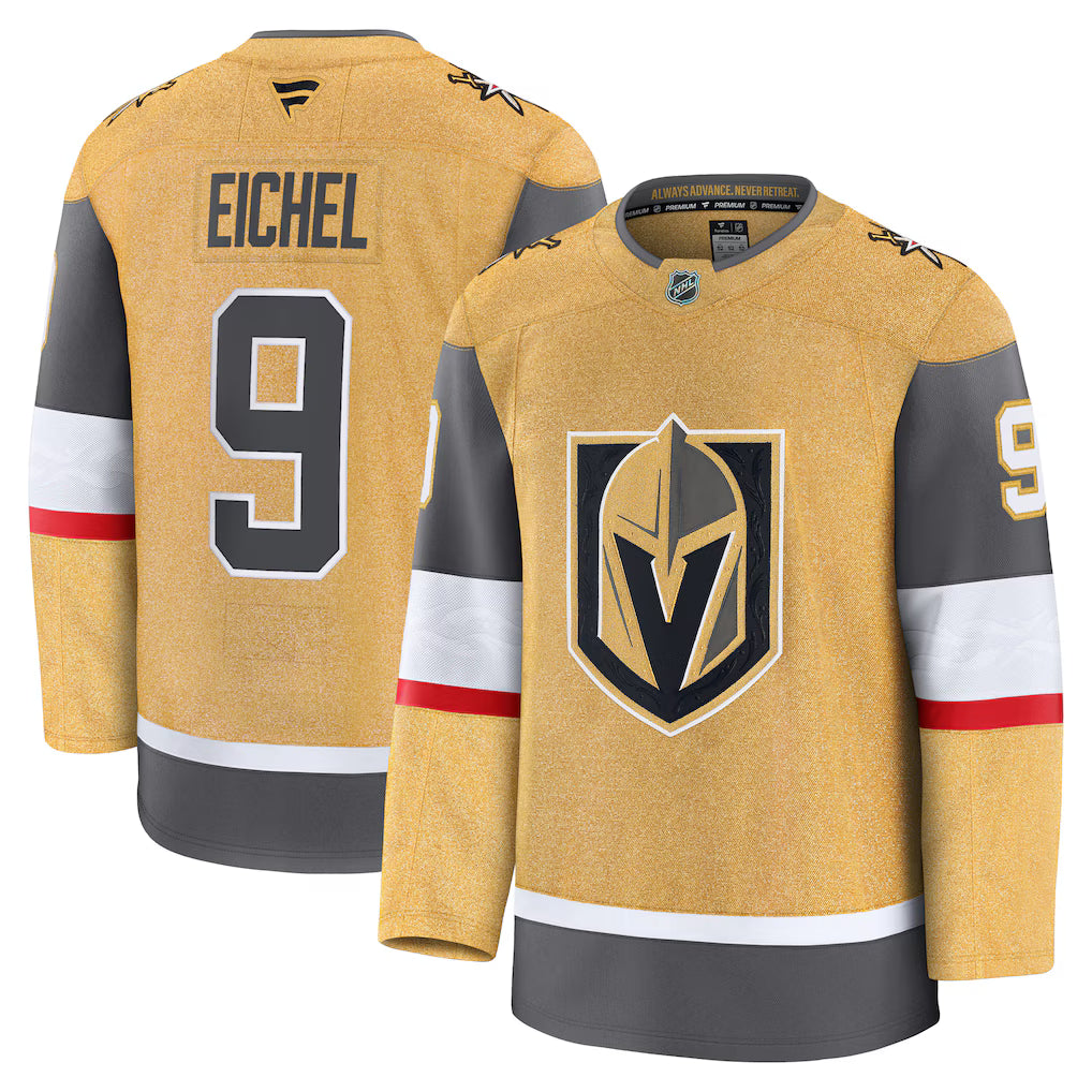 Vegas Golden Knights NHL Jack Eichel Fanatics Home Premium Jersey – Gold (USA Stock) product image 1, provided for visual