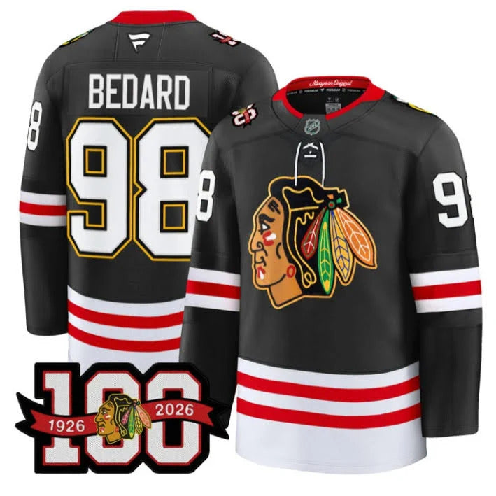 Connor Bedard Chicago Blackhawks Centennial Premium Jersey - Black product image 1, provided for visual reference and