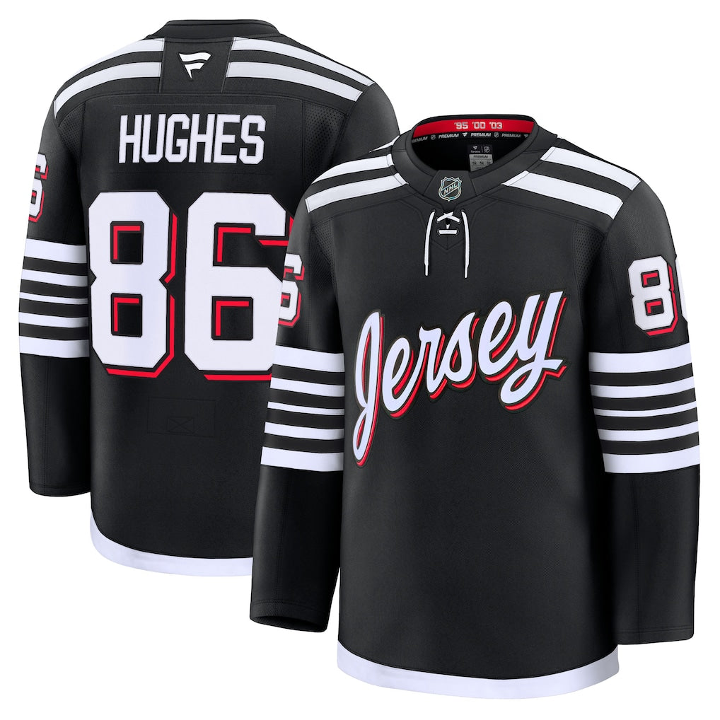 Jack Hughes New Jersey Devils Alternate Premium Jersey - Black product image 1, provided for visual reference and product