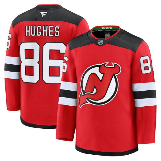 Jack Hughes New Jersey Devils Home Premium Jersey - Red product image 1, provided for visual reference and product detail