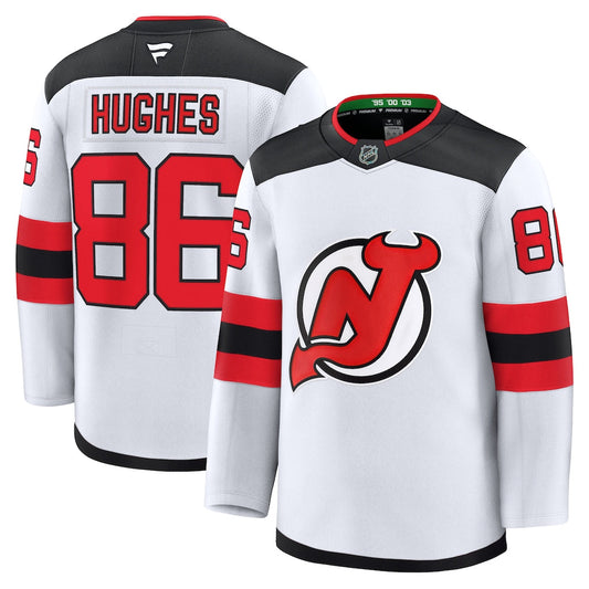 Jack Hughes New Jersey Devils Away Premium Jersey - White product image 1, provided for visual reference and product detail