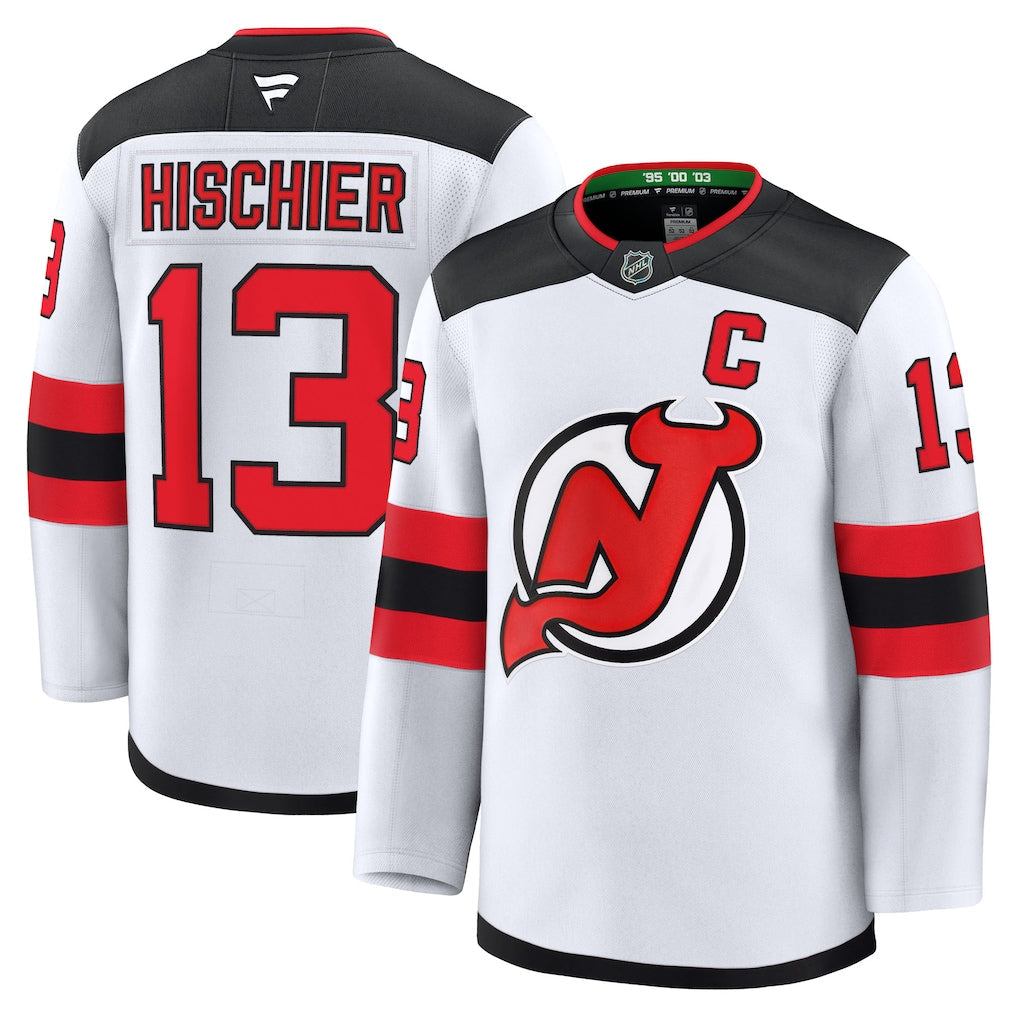Nico Hischier New Jersey Devils Away Premium Jersey - White product image 1, provided for visual reference and product