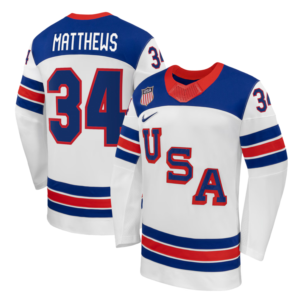 Auston Matthews USA Hockey White 2026 Away Jersey for Men product image 1, provided for visual reference and product detail